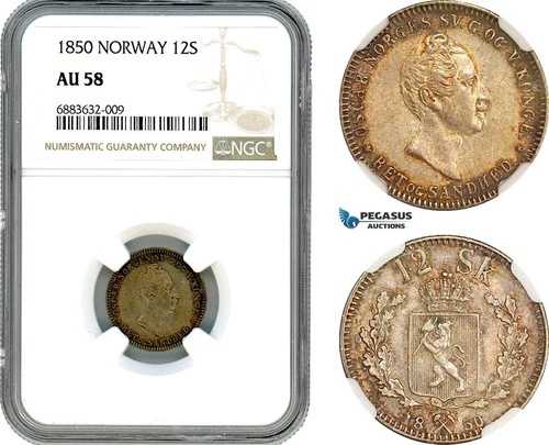 AJ618、ノルウェー、オスカー I、12 スキリング 1850、コングスベルグ造幣局、シルバー、NGC AU58