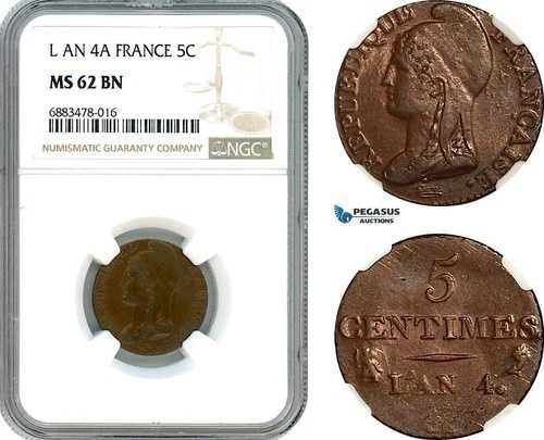 AJ581、フランス、第一共和政、5サンチーム・ラン4A（1795年）、パリ造幣局NGC MS62BN 68,970円