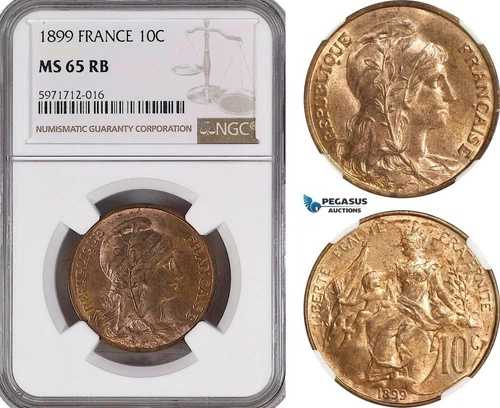 A5/373 フランス、第三共和政、10サンチーム 1899年、パリ造幣局、KM# 843、NGC MS65RB
