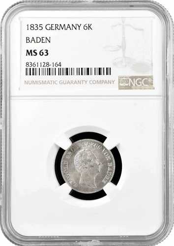 バーデン 6 クロイツァー 1835、NGC MS63、「ゲランド公レオポルト (1830 - 1852)」銀貨