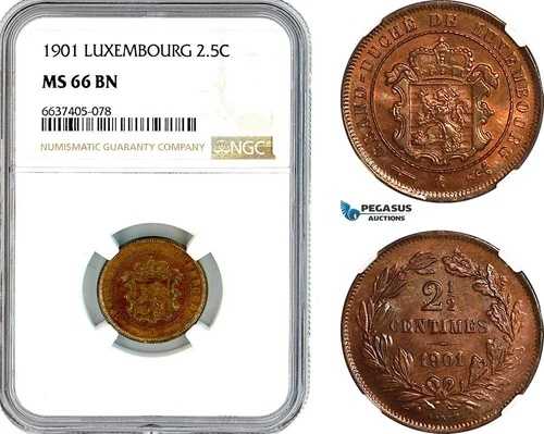 AK370、ルクセンブルク、アドルフ、2 1/2 センタイムズ 1901、ブリュッセル造幣局、NGC MS66BN、ポップ