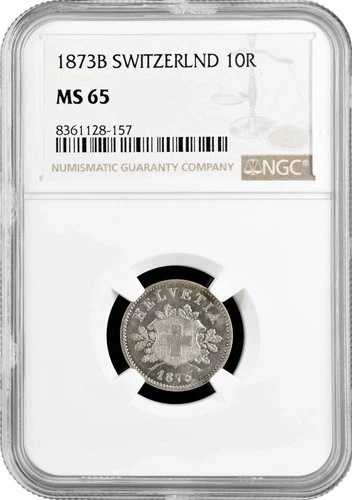 スイス 10 ラッペン 1873 B、NGC MS65、「Confoederatio Helvetica (1850 - 1916)」