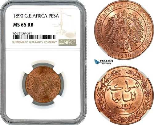 AI437、ドイツ東アフリカ、1ペサ、1890年、ベルリン造幣局、NGC MS65RB
