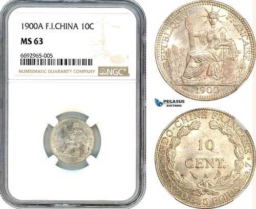 AK002、フランス領インドシナ、10 サンタイム 1900 A、パリ造幣局、シルバー、NGC MS63