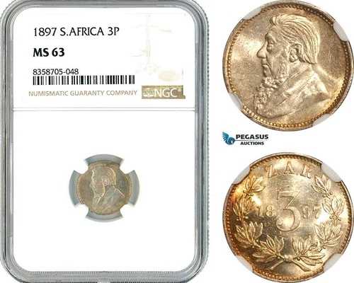AK567、南アフリカ（ZAR）スリーペンス（3ペンス）1897年、プレトリア造幣局、銀貨、NGC