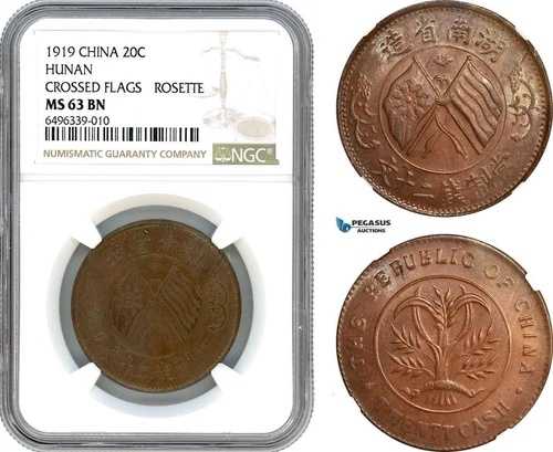 AH544、中国、湖南省、1919年、20枚キャッシュ、交差旗、ロゼット、NGC MS63BN