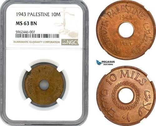 AH723、パレスチナ、10ミル、1943年、ロンドン造幣局、NGC MS63BN