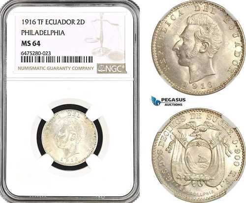 AH47、エクアドル、2 デシモ デ スクレ 1916 TF、フィラデルフィア ミント、シルバー、NGC MS64 68,970円