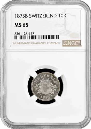 スイス 10 ラッペン 1873 B、NGC MS65、「Confoederatio Helvetica (1850 - 1916)」
