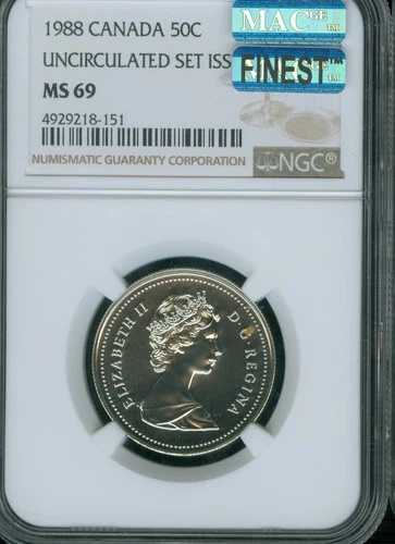 1988 カナダ 50 セント NGC MS69 PQ MAC 最高グレード & スポットレス。