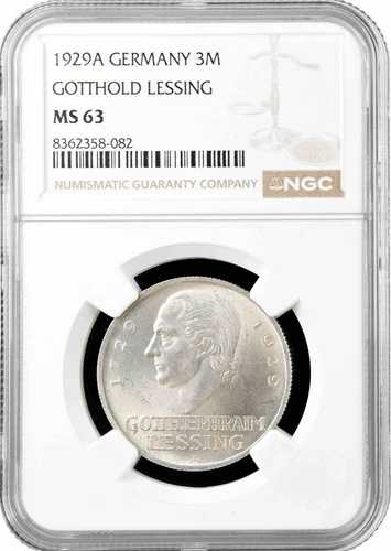 ワイマール共和国 3 ライヒスマルク 1929 А、NGC MS63、「200 周年 - ゴットホルト レッシング」