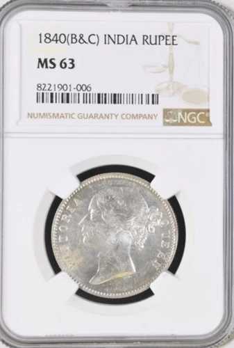 インド、1840年ルピー銀貨、NGC MS63、この状態では希少