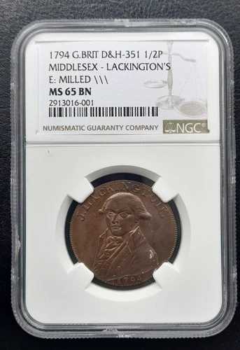 1794年 イギリス コンダー NGC MS65 (D&H-351) ミドルセックス ハーフペンス 1/2ペンス