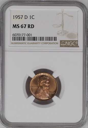 1957-D 1C RD リンカーン・ウィート 1セント NGC MS67RD 6070177-001
