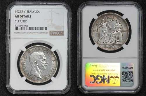 1927-R VI イタリア 20リラ NGC AU 詳細クリーニング済み 5FMN