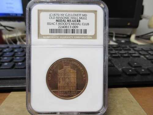 （1870年）G.H.ラヴェット作 オールド・メイソニック・ホール・ミュール 銅製 NGC MS 64 RB 希少