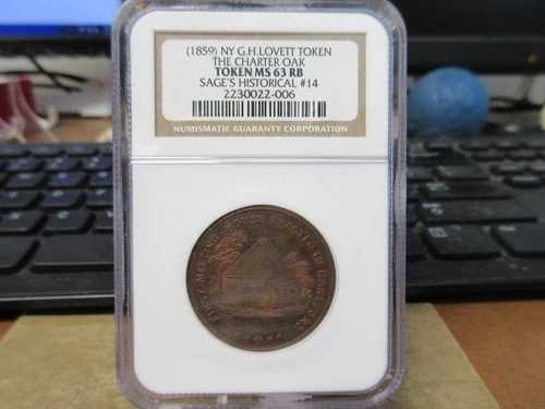 1859年 セージズ・ヒストリカル No. 14 / ザ・チャーター・オーク G.H. ラヴェット 銅 NGC MS 63 RB
