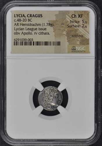 c.48-20 BC リキア、クラッグス AR ヘミドラクム NGC XF45 アポロ シタラ