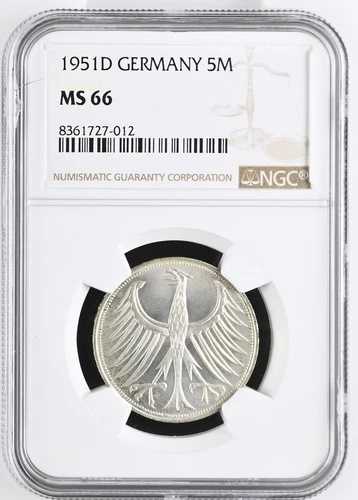 コイン Frg 5 DM 1951 D NGC MS66 素晴らしい高グレード トップポップ 3/0 nswleipzig