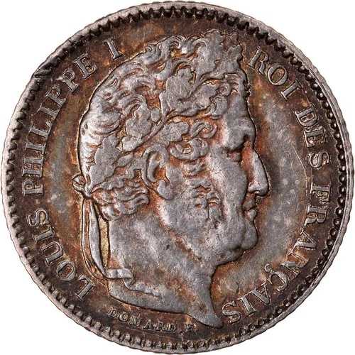 [#878357] コイン、フランス、ルイ フィリップ、25 サンタイム、1845、リール、AU(50-53)、シル