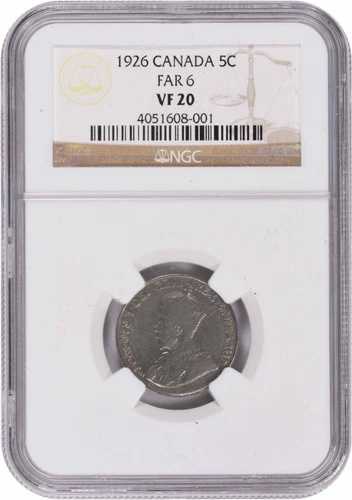 1926年ファー6カナダ5セントKM29 VF20 NGC