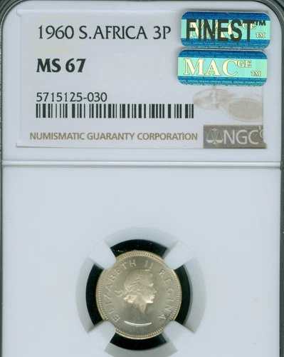 1960 年 南アフリカ 3 ペンス NGC MS67 MAC 最高グレード & スポットレス。