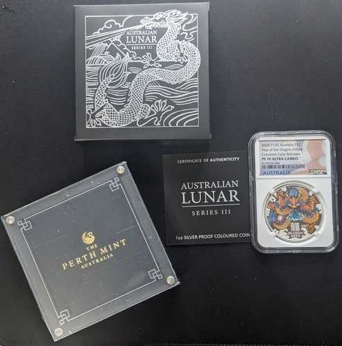 1オンス 2024年 オーストラリア プルーフ 龍年 黄 ~ NGC PF70 銀貨
