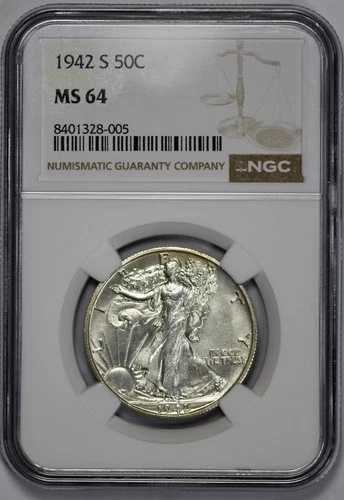 1942-S ウォーキング・リバティ 50セント シルバー ハーフドル NGC MS 64 セミプルーフ