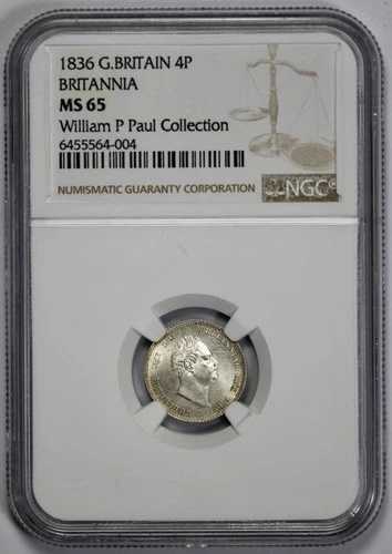 1836年 イギリス 銀貨 4ペンス ブリタニア NGC MS 65