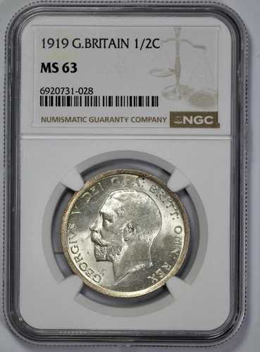 1919年 イギリス 銀貨 1/2C ハーフクラウン NGC MS 63