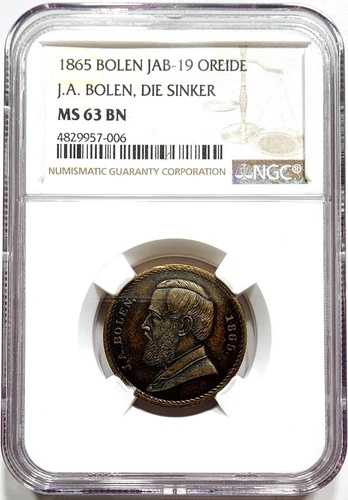 1865年 Bolen Jab-19 Oreide J.A Bolen Die Sinker NGC MS 63 BN メダル