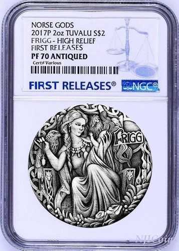 2017年 P 北欧の女神フリッグ 高浮き彫り アンティーク 2オンス シルバー 2ドルコイン NGC PF70 FR|WORLD RESOURCE【QUEEN店】