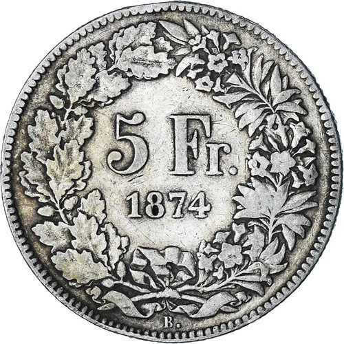 [#849471] コイン、スイス、5フラン、1874年、ブリュッセル、VF、銀、KM:11