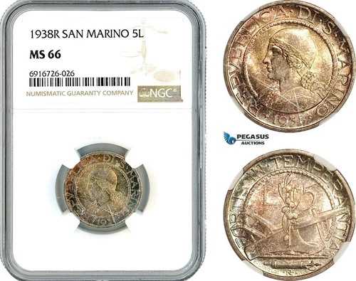 AK725、サンマリノ、5リラ、1938年R、ローマ造幣局、銀貨、NGC MS66