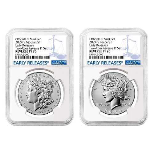2枚セット - 2024-S リバースプルーフ $1 モルガン＆ピース シルバーダラー NGC PF70 ER