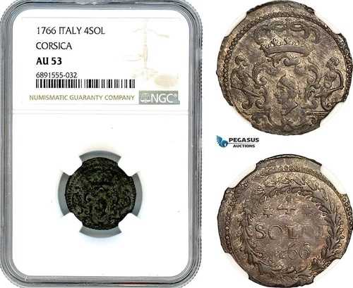 AJ929、イタリア、コルシカ島、パスクワーレ パオリ、4 Soldi 1766 Murato ミント シルバー、NGC AU53