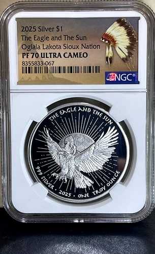 2025年 オグララ・ラコタ・スー族 1ドル プルーフ 1オンス 銀貨 - イーグル・アンド・サン - NGC PF70 UCAM