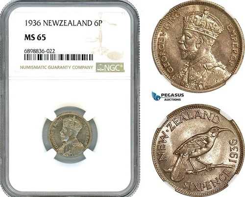 AK102、ニュージーランド、ジョージ5世、6ペンス、1936年、ロンドン造幣局、銀貨、NGC MS65