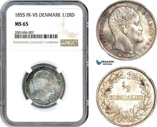 AJ318、デンマーク、フレデリック VII、1/2 リグスダーラー 1855 FK-VS、コペンハーゲン造幣局 NGC MS65