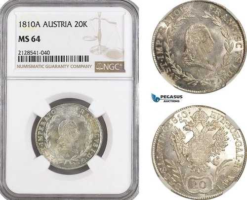 AG923、オーストリア、フランツ2世、20クロイツァー1810A、ウィーン造幣局、銀貨、NGC MS64