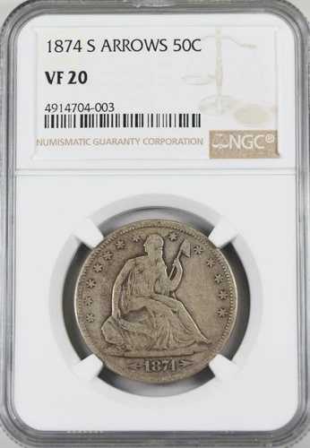 1874-S アローズ シーテッド リバティ ハーフダラー NGC VF-20