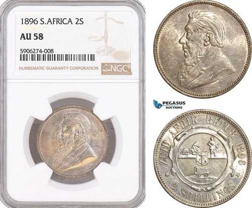 AF636、南アフリカ（ZAR）2シリング、1896年、プレトリア、銀、NGC AU58