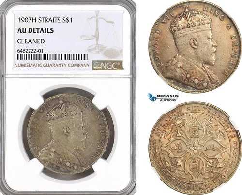 AH144、海峡植民地、エドワード7世、1ドル、1907年H、ヒートン造幣局、NGC AU Det