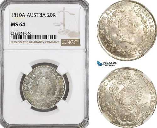 AG926、オーストリア、フランツ II、20 クロイツァー 1810 A、ウィーン造幣局、シルバー、NGC MS64