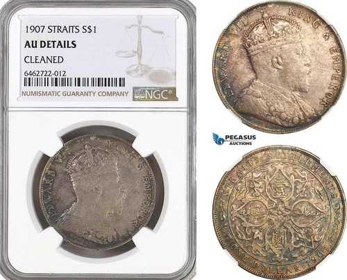 AH143、海峡植民地、エドワード7世、1ドル、1907年、ロンドン造幣局、NGC AU Det