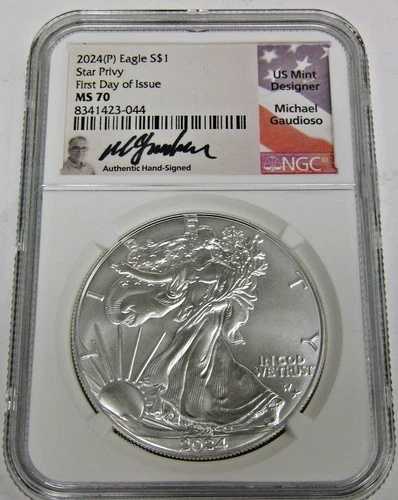2024年 (P) アメリカン シルバー イーグル S$1 NGC MS 70 STAR PRIVY FDOI 署名入り