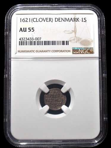 デンマーク クリスチャン4世 銀貨 スキリング 1621年 クローバー AU55 NGC 希少