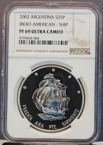 2002 アルゼンチン シルバー 25 ペソ 大統領 サルミエント NGC PF 69 ウルトラ カメオ トップ