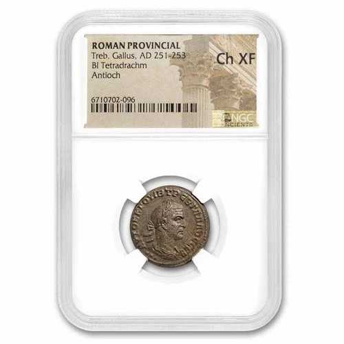 ローマ帝国紀元前11世紀テトラドラクマ金貨（ガルス、紀元251-253年）Ch XF NGC