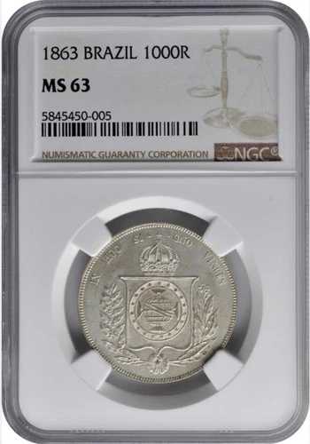 ブラジル。 1000 レイ、1863 年。リオデジャネイロ造幣局。ペドロ２世。 NGC MS-63、わずか 2 つだけ優れています。 82,885円